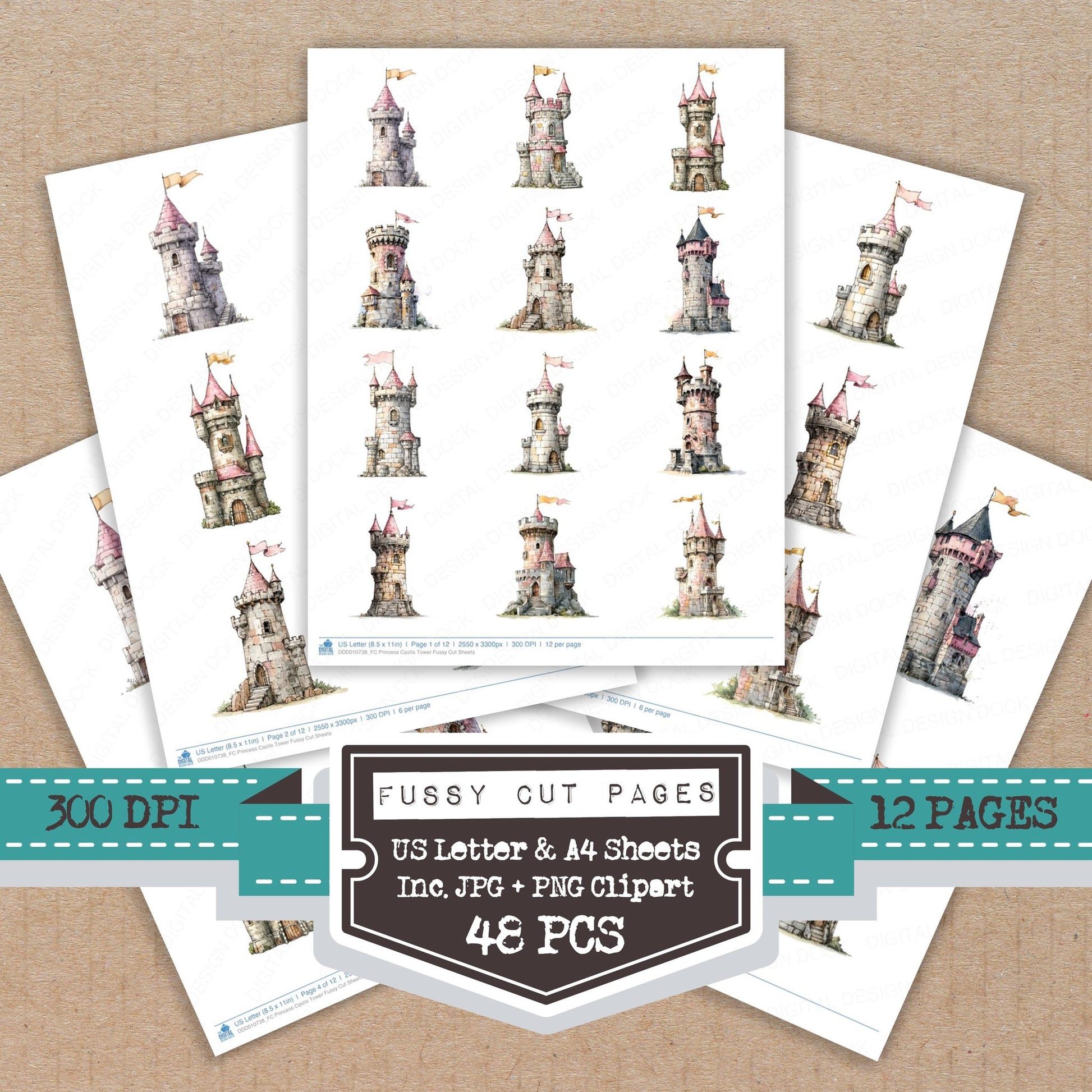 Princess Castle Tower fussy cut printable sheets for junk journaling, scrapbooking, and paper craft projects
