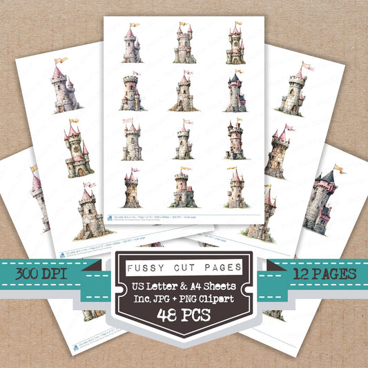 Princess Castle Tower fussy cut printable sheets for junk journaling, scrapbooking, and paper craft projects