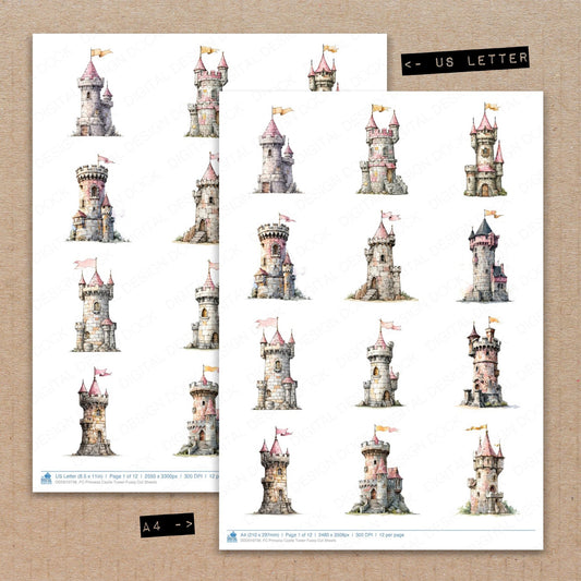 A4 and US Letter format comparison showing Princess Castle Tower fussy cut pages for print and cut crafting