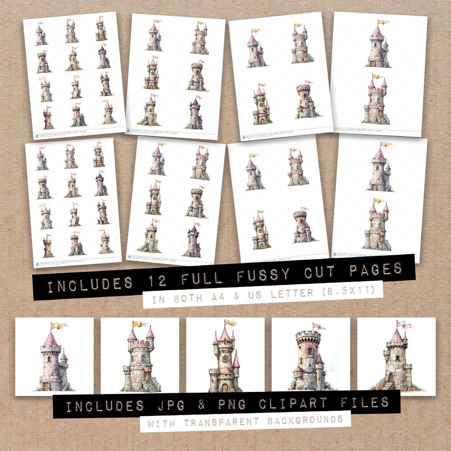 Full collection view of Princess Castle Tower fussy cut sheets with bonus clipart JPG and PNG files