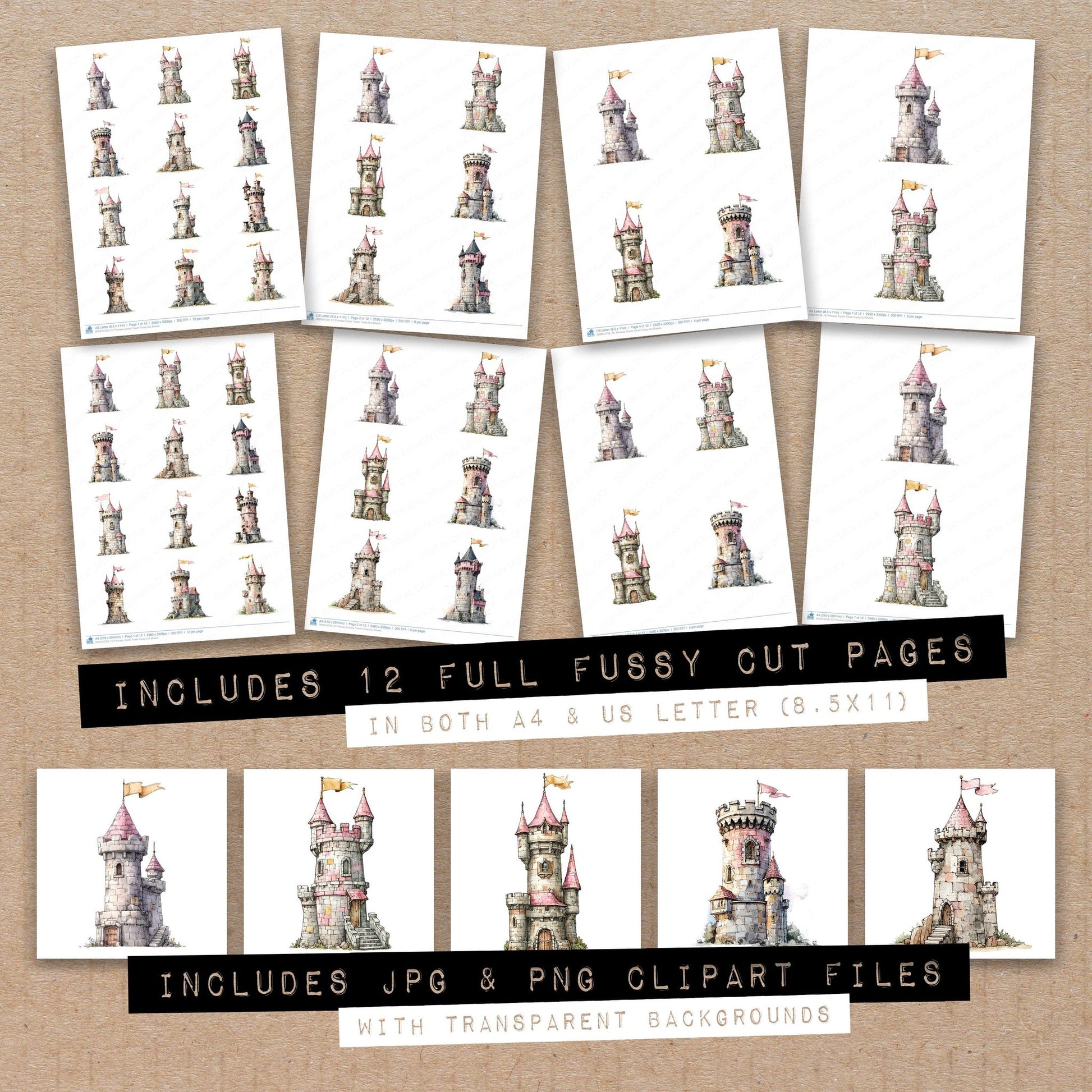 Full collection view of Princess Castle Tower fussy cut sheets with bonus clipart JPG and PNG files