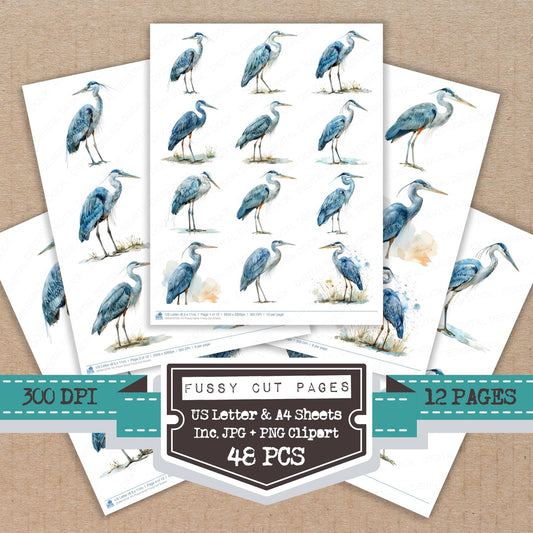 Proud Heron fussy cut printable sheets for junk journaling, scrapbooking, and paper craft projects