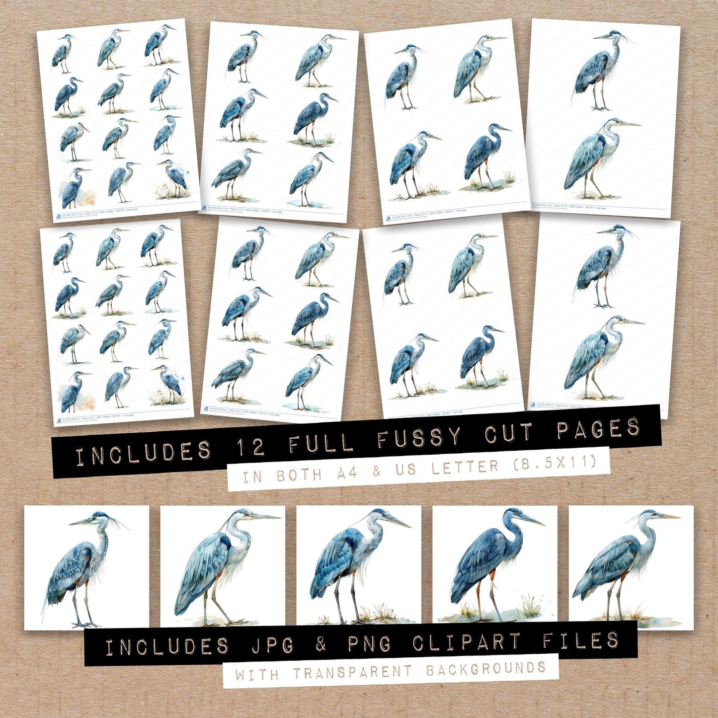 Full collection view of Proud Heron fussy cut sheets with bonus clipart JPG and PNG files