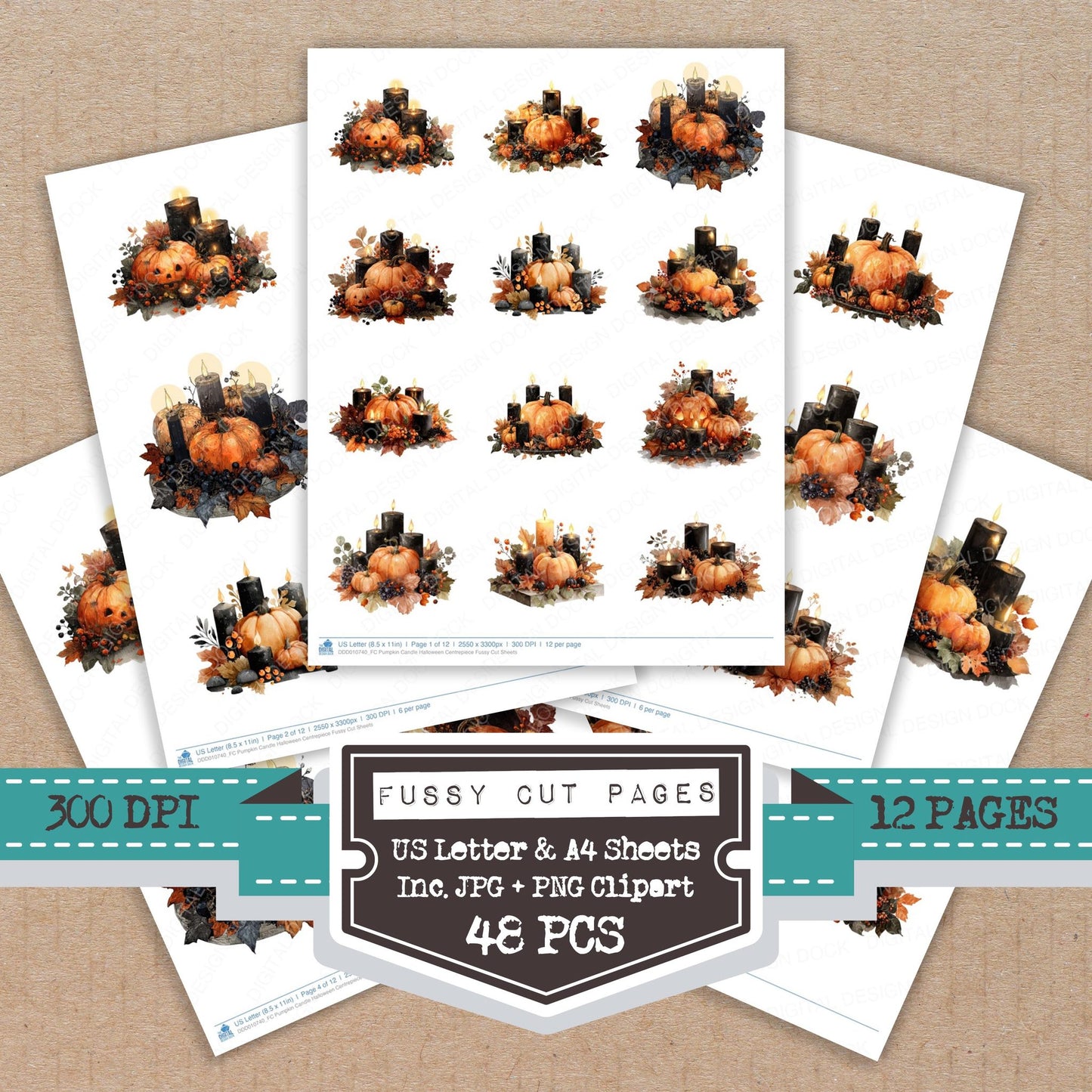 Pumpkin Candle Halloween Centrepiece fussy cut printable sheets for junk journaling, scrapbooking, and paper craft projects