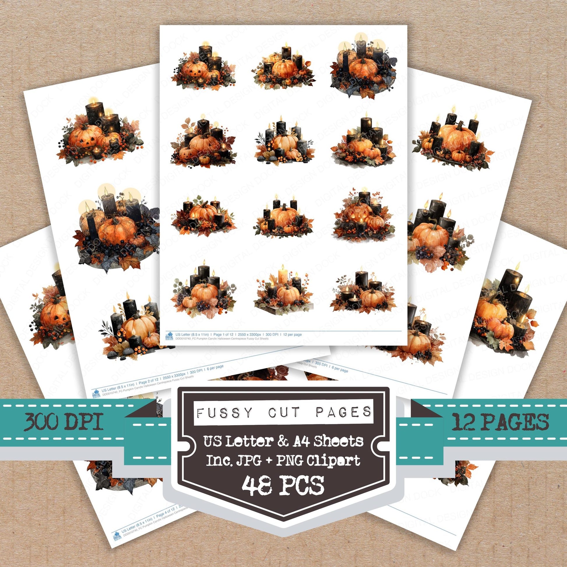 Pumpkin Candle Halloween Centrepiece fussy cut printable sheets for junk journaling, scrapbooking, and paper craft projects