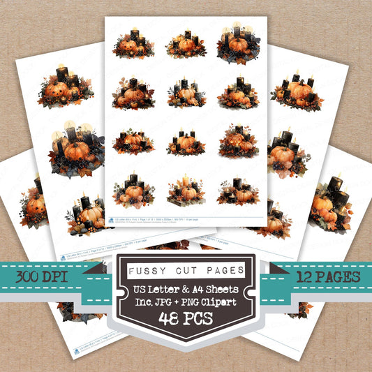Pumpkin Candle Halloween Centrepiece fussy cut printable sheets for junk journaling, scrapbooking, and paper craft projects