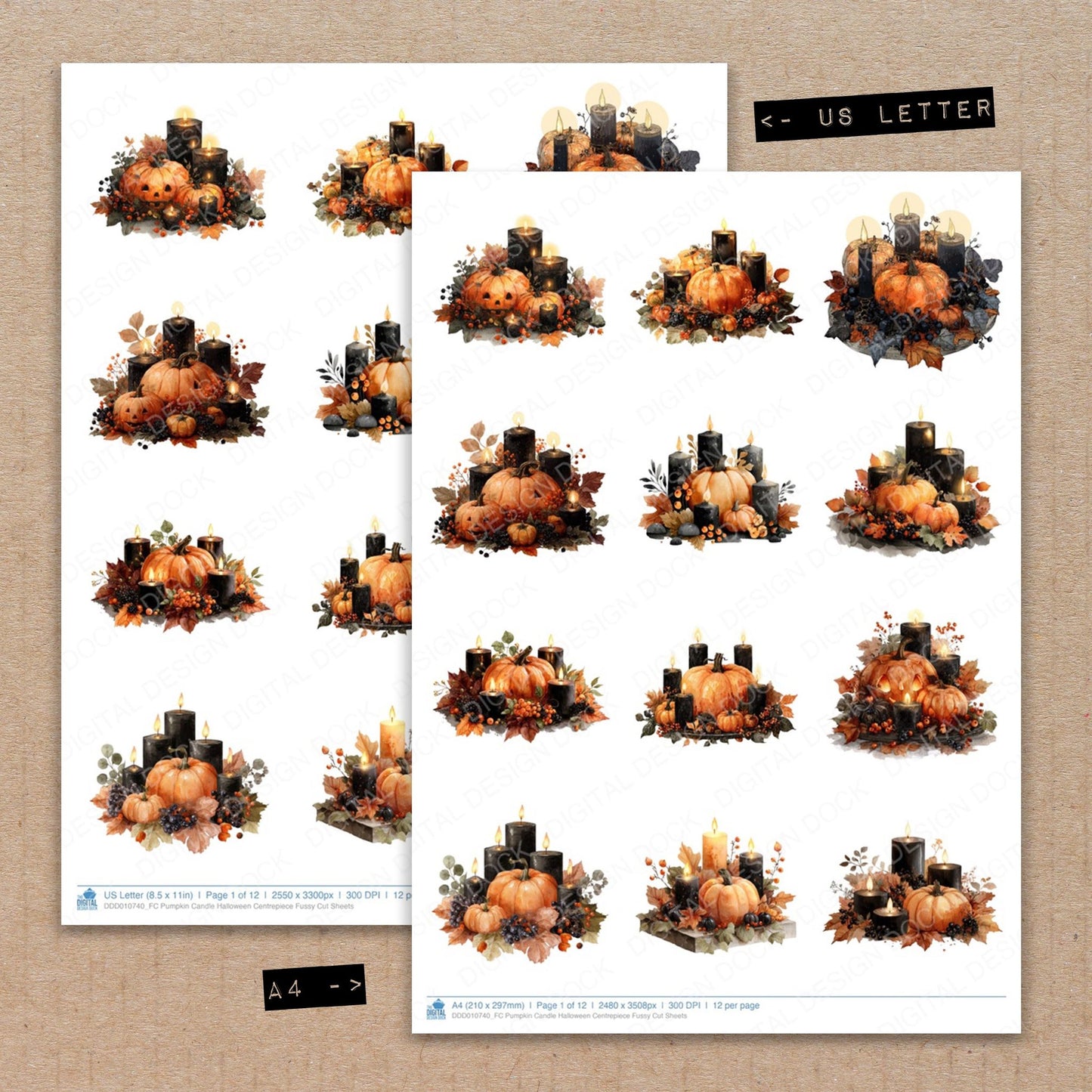 A4 and US Letter format comparison showing Pumpkin Candle Halloween Centrepiece fussy cut pages for print and cut crafting
