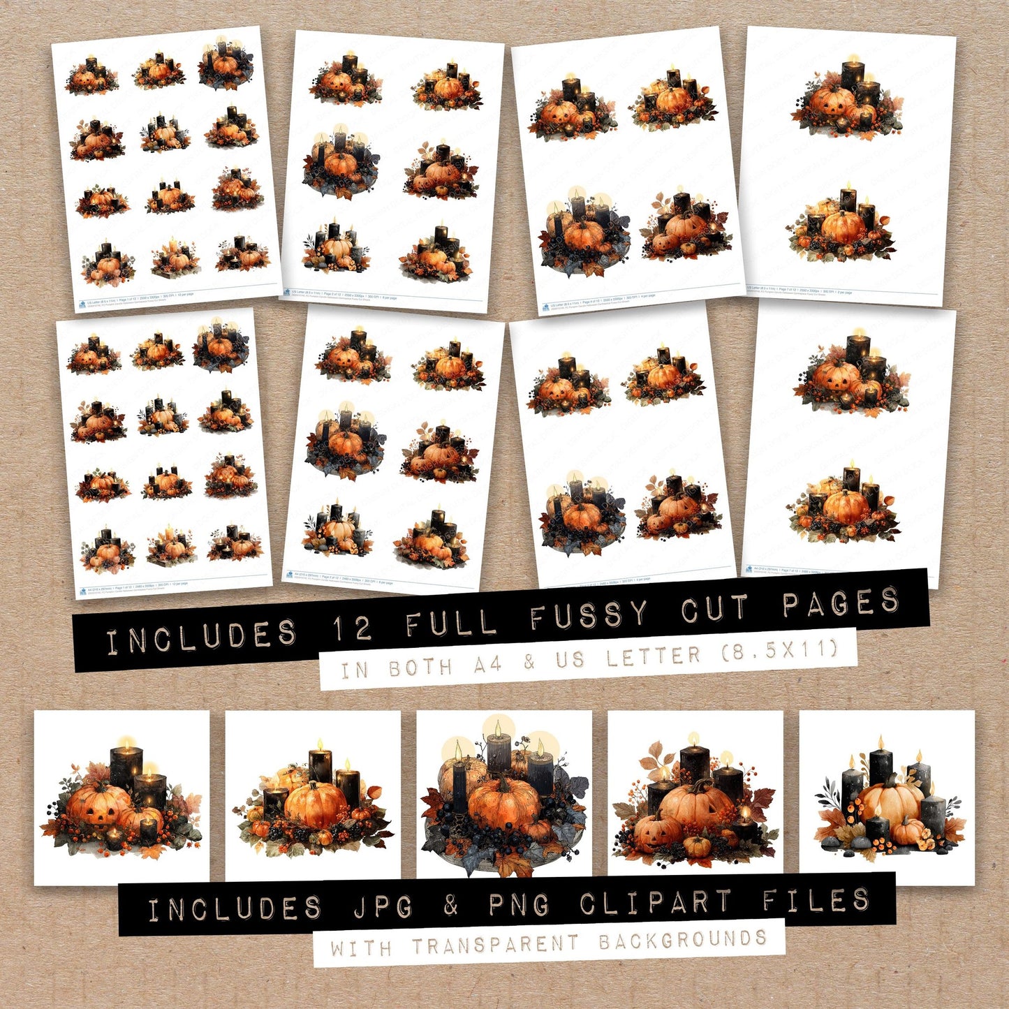 Full collection view of Pumpkin Candle Halloween Centrepiece fussy cut sheets with bonus clipart JPG and PNG files