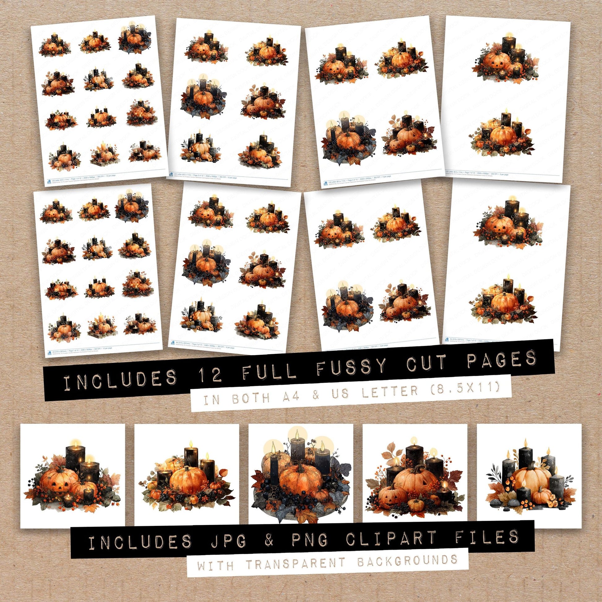 Full collection view of Pumpkin Candle Halloween Centrepiece fussy cut sheets with bonus clipart JPG and PNG files