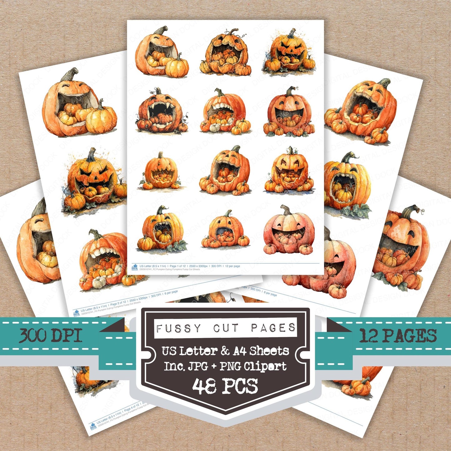 Pumpkin Eating Pumpkins fussy cut printable sheets for junk journaling, scrapbooking, and paper craft projects