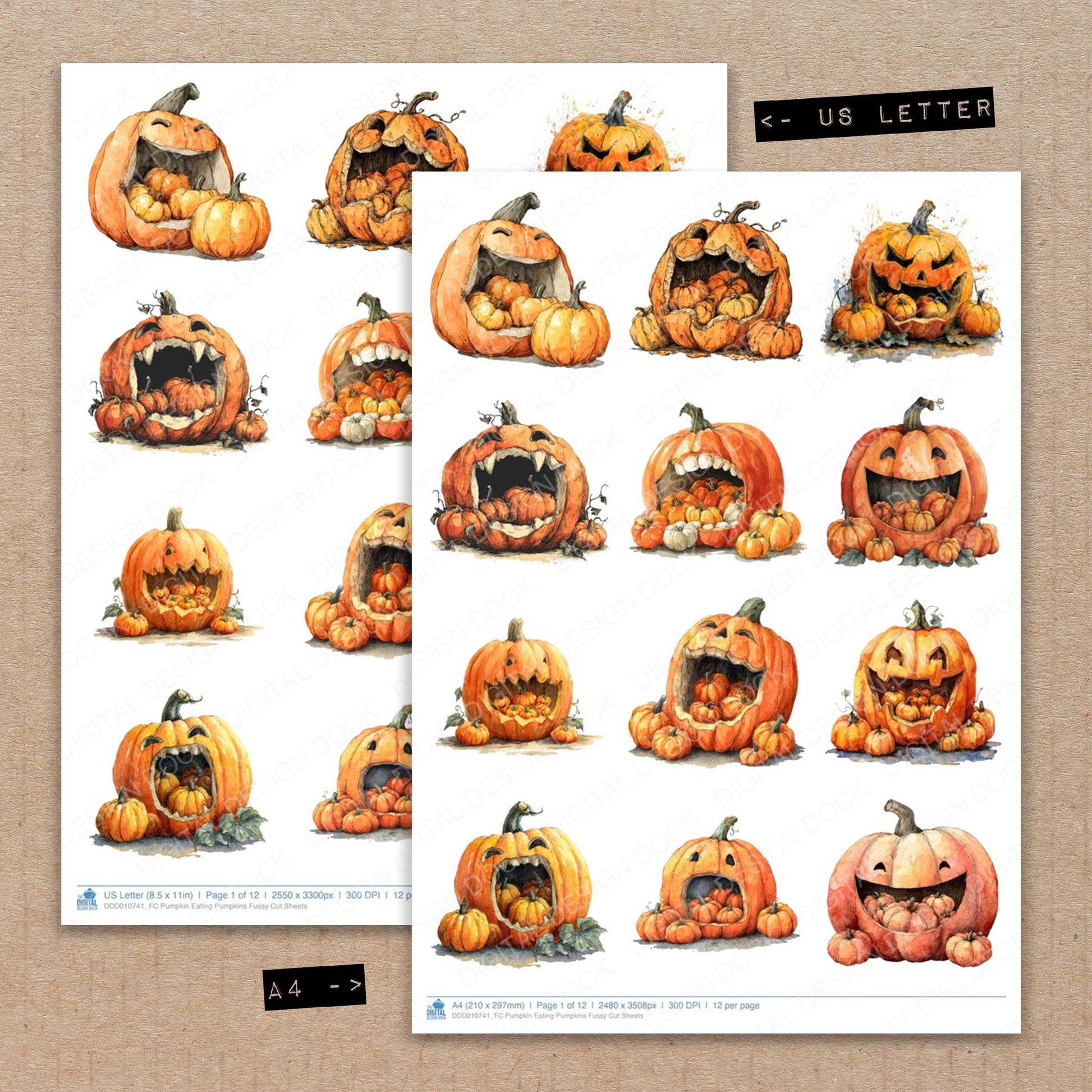 A4 and US Letter format comparison showing Pumpkin Eating Pumpkins fussy cut pages for print and cut crafting
