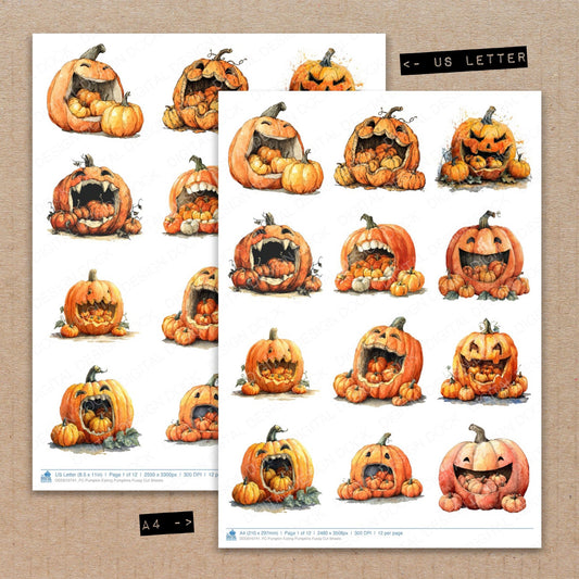A4 and US Letter format comparison showing Pumpkin Eating Pumpkins fussy cut pages for print and cut crafting