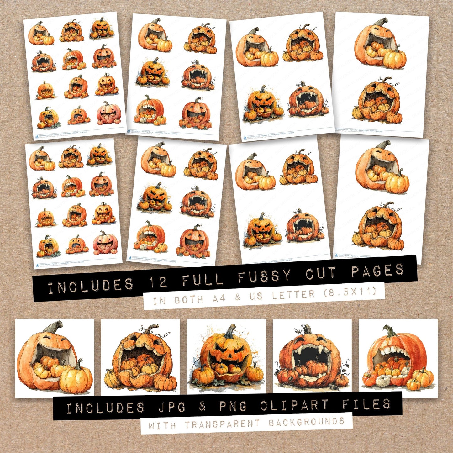 Full collection view of Pumpkin Eating Pumpkins fussy cut sheets with bonus clipart JPG and PNG files