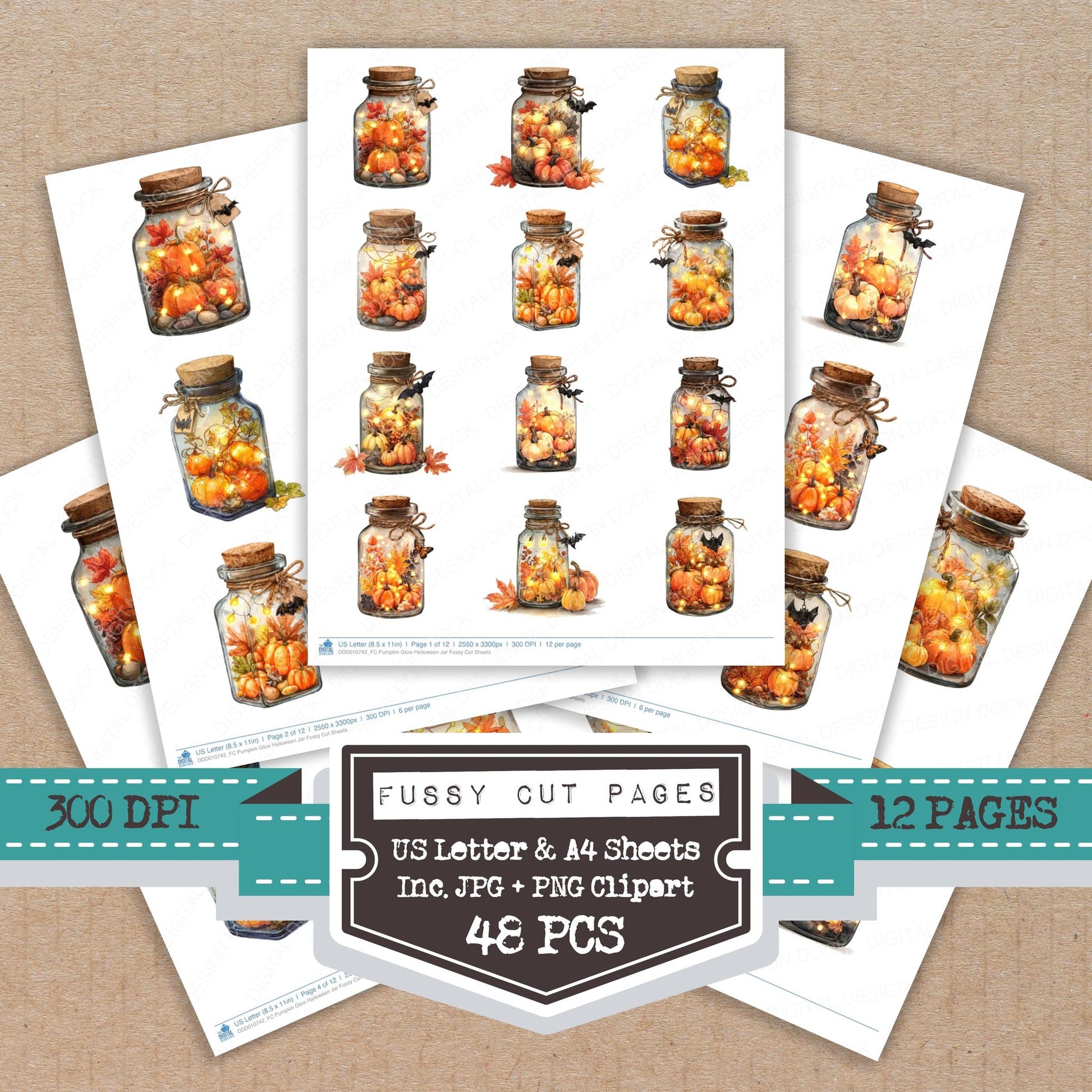 Pumpkin Glow Halloween Jar fussy cut printable sheets for junk journaling, scrapbooking, and paper craft projects