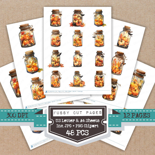 Pumpkin Glow Halloween Jar fussy cut printable sheets for junk journaling, scrapbooking, and paper craft projects
