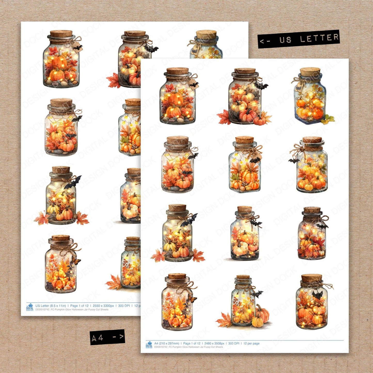 A4 and US Letter format comparison showing Pumpkin Glow Halloween Jar fussy cut pages for print and cut crafting