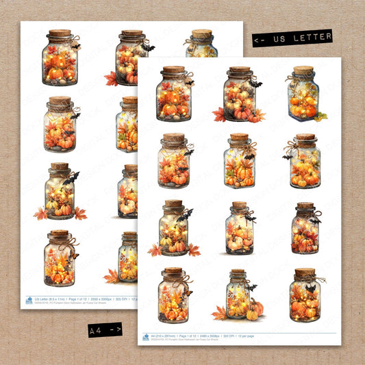 A4 and US Letter format comparison showing Pumpkin Glow Halloween Jar fussy cut pages for print and cut crafting