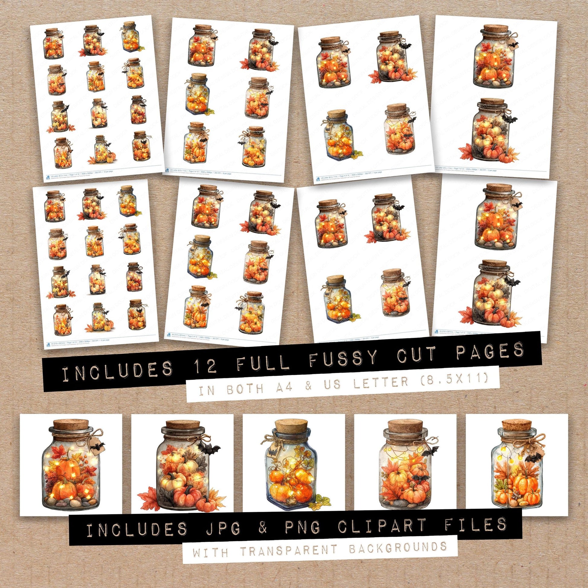 Full collection view of Pumpkin Glow Halloween Jar fussy cut sheets with bonus clipart JPG and PNG files