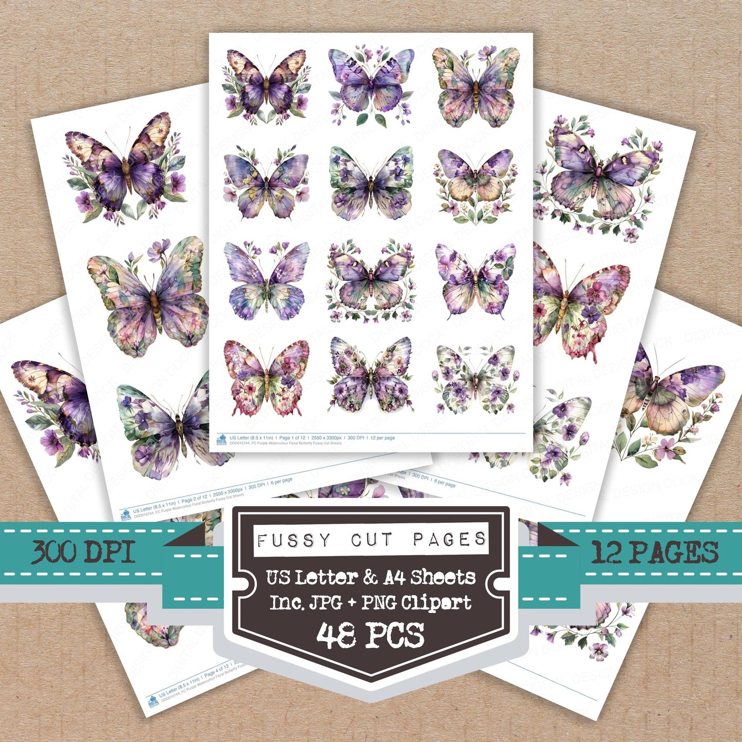 Purple Watercolour Floral Butterfly fussy cut printable sheets for junk journaling, scrapbooking, and paper craft projects