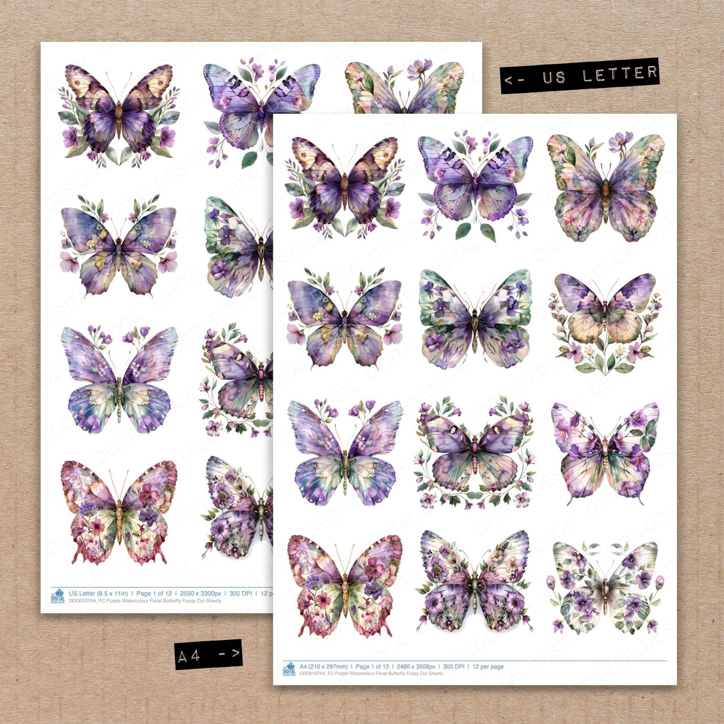 A4 and US Letter format comparison showing Purple Watercolour Floral Butterfly fussy cut pages for print and cut crafting