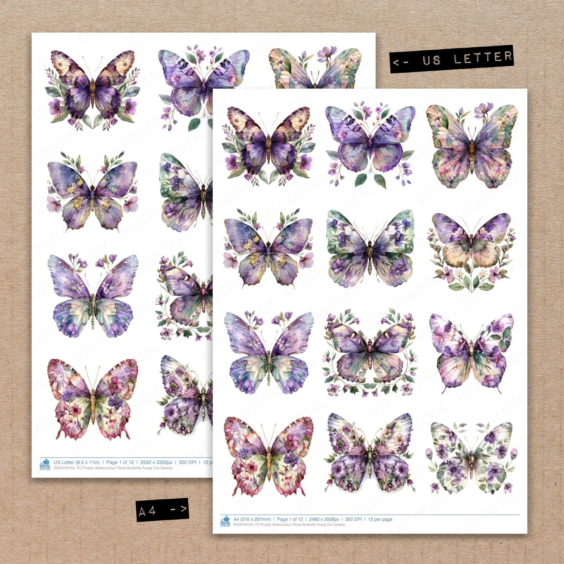 A4 and US Letter format comparison showing Purple Watercolour Floral Butterfly fussy cut pages for print and cut crafting