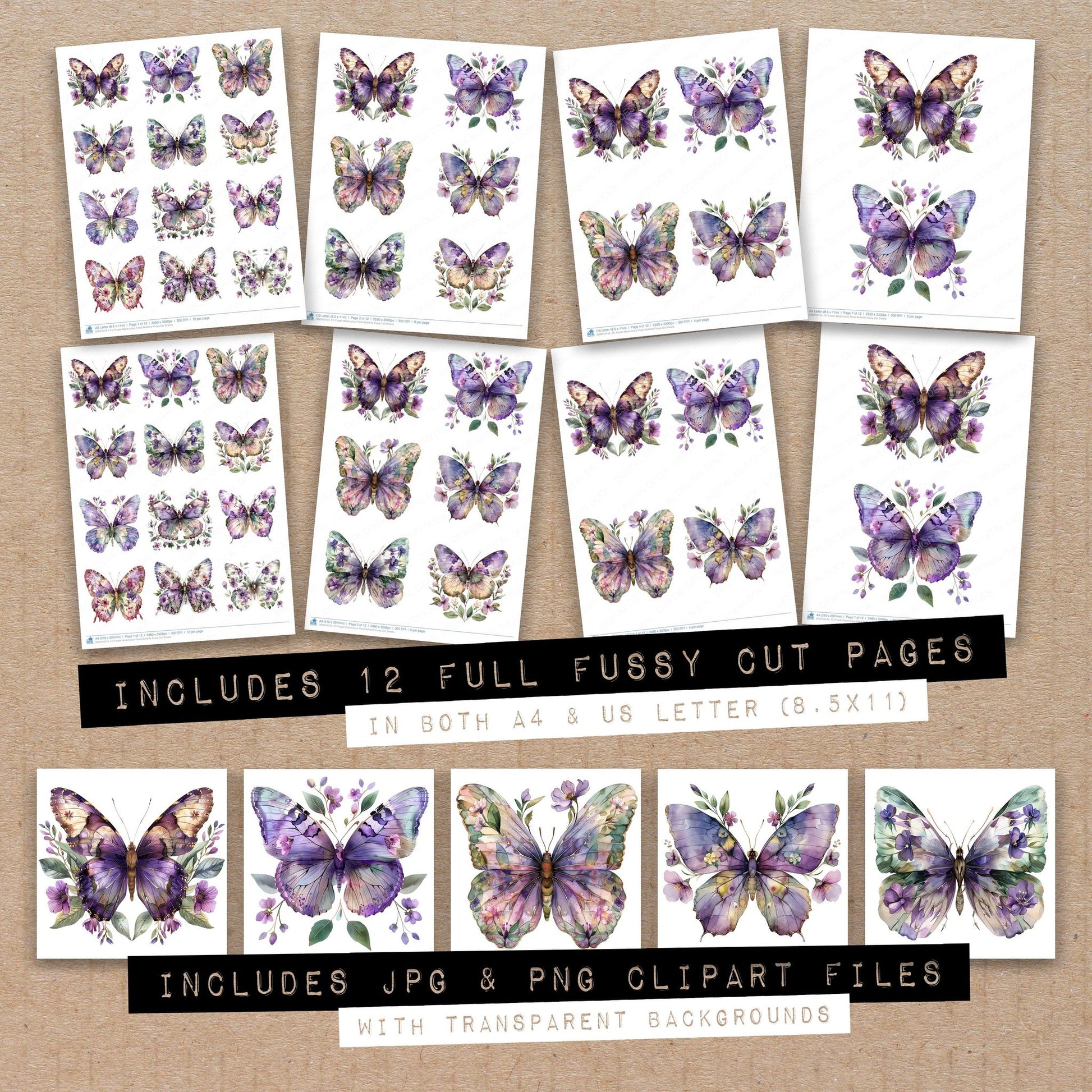Full collection view of Purple Watercolour Floral Butterfly fussy cut sheets with bonus clipart JPG and PNG files