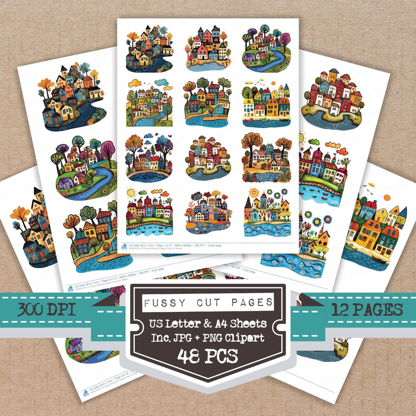 Quaint Riverside Village fussy cut printable sheets for junk journaling, scrapbooking, and paper craft projects