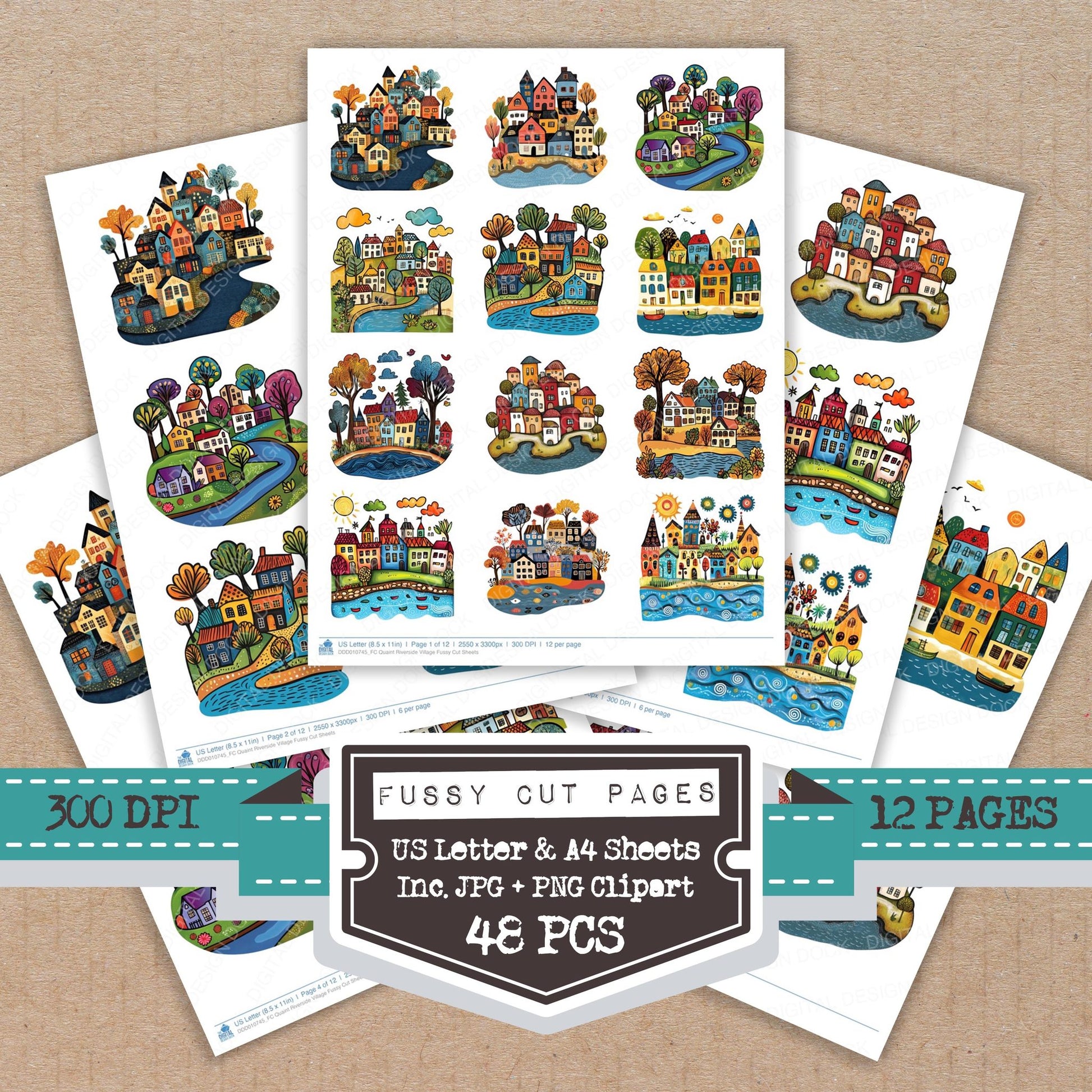 Quaint Riverside Village fussy cut printable sheets for junk journaling, scrapbooking, and paper craft projects