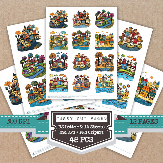 Quaint Riverside Village fussy cut printable sheets for junk journaling, scrapbooking, and paper craft projects