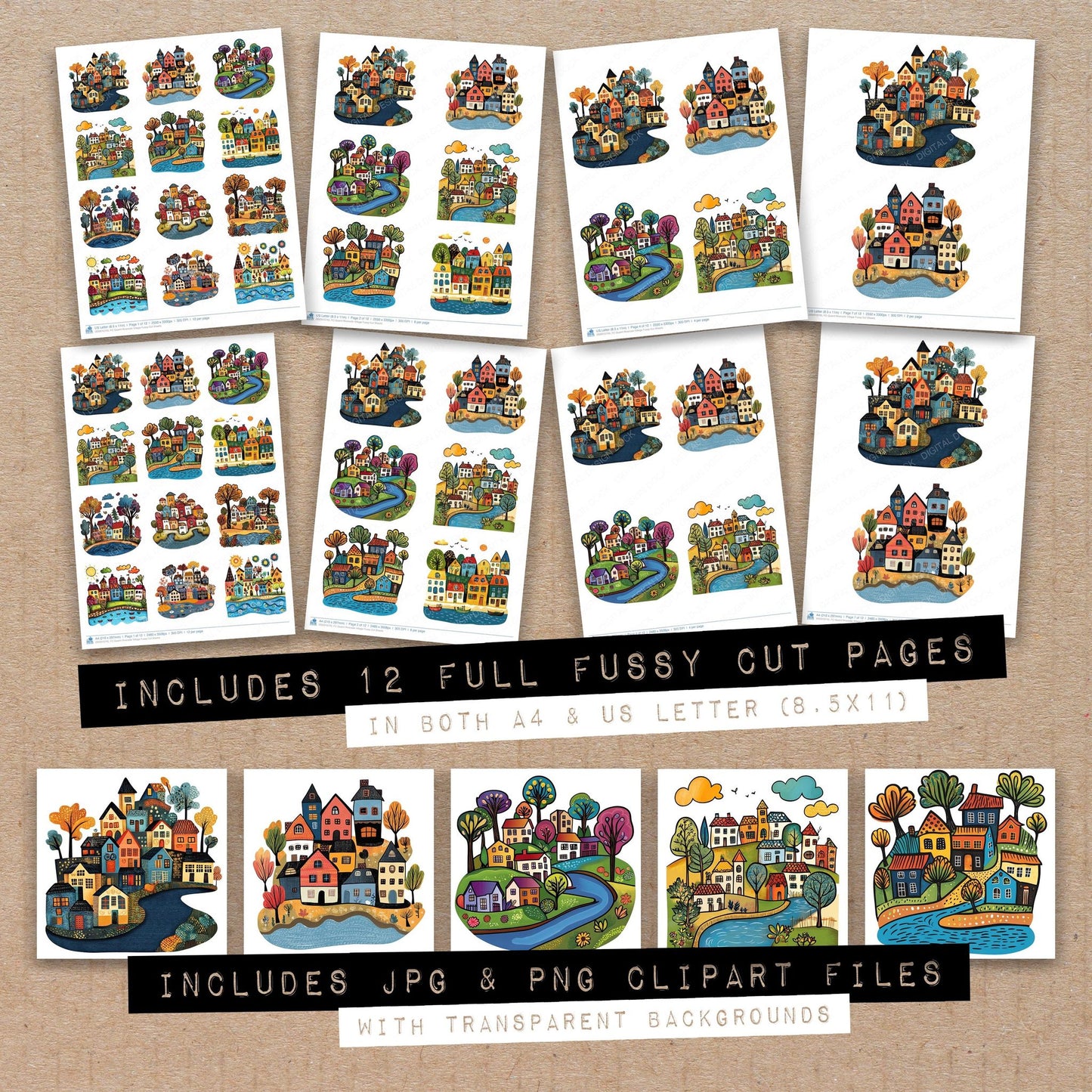 Full collection view of Quaint Riverside Village fussy cut sheets with bonus clipart JPG and PNG files