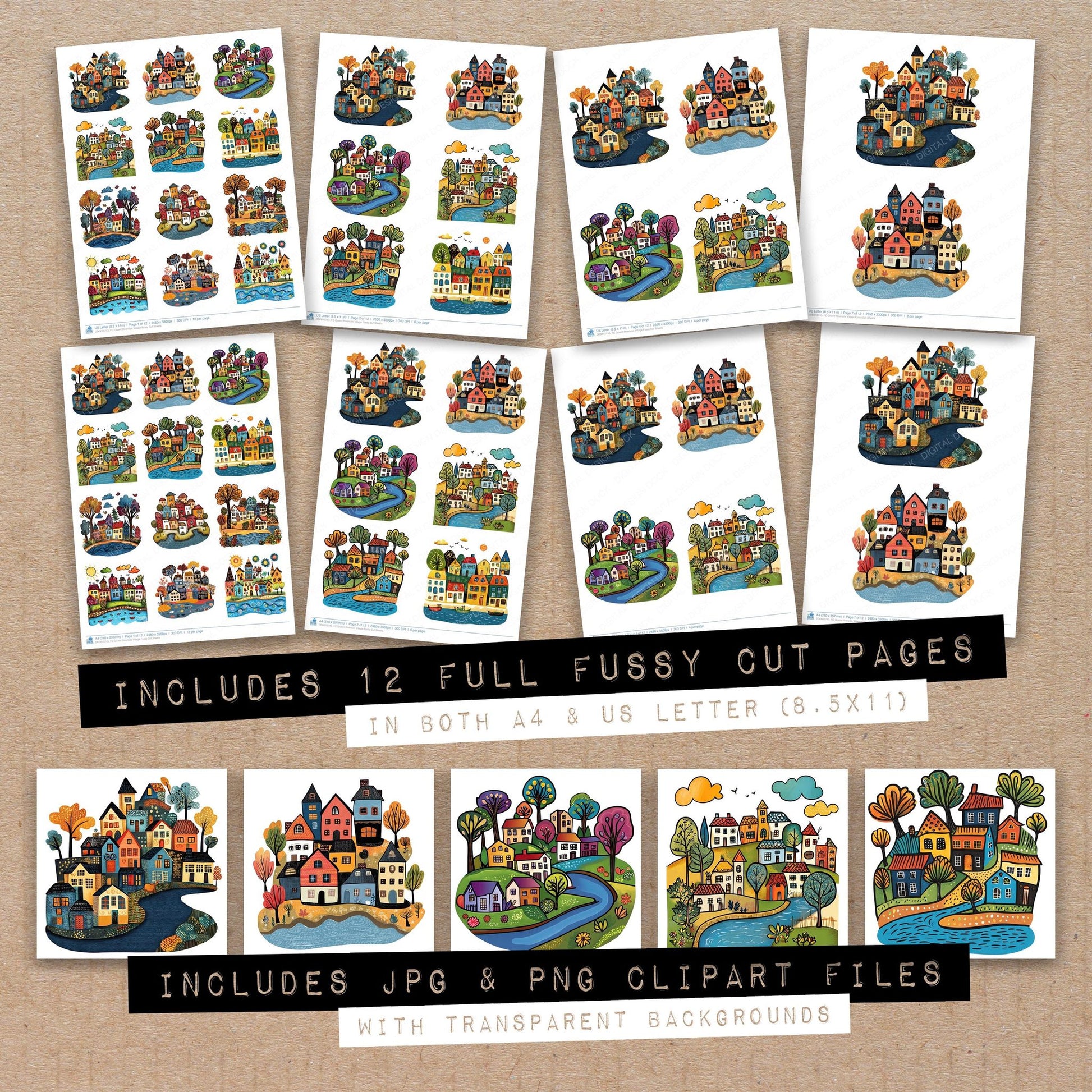 Full collection view of Quaint Riverside Village fussy cut sheets with bonus clipart JPG and PNG files