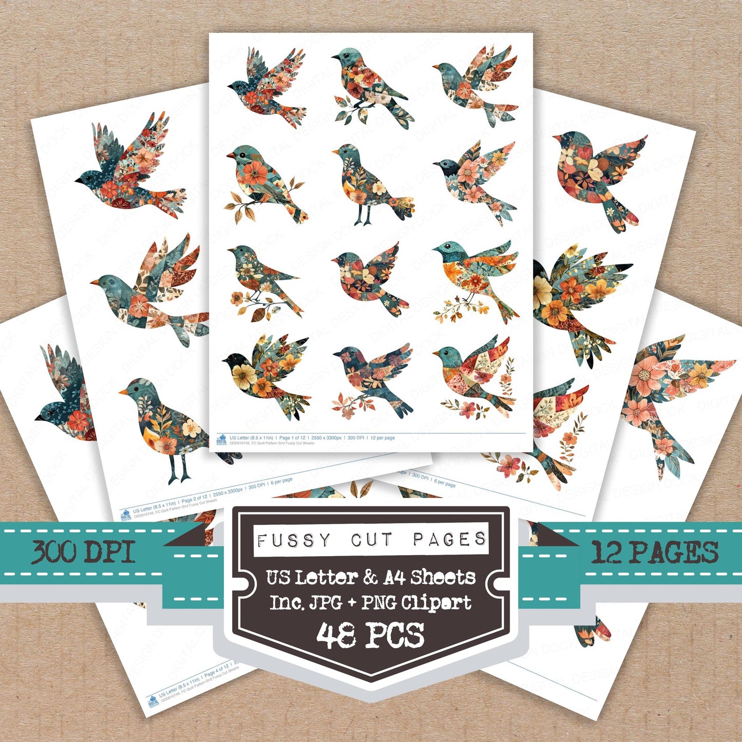 Quilt Pattern Bird fussy cut printable sheets for junk journaling, scrapbooking, and paper craft projects