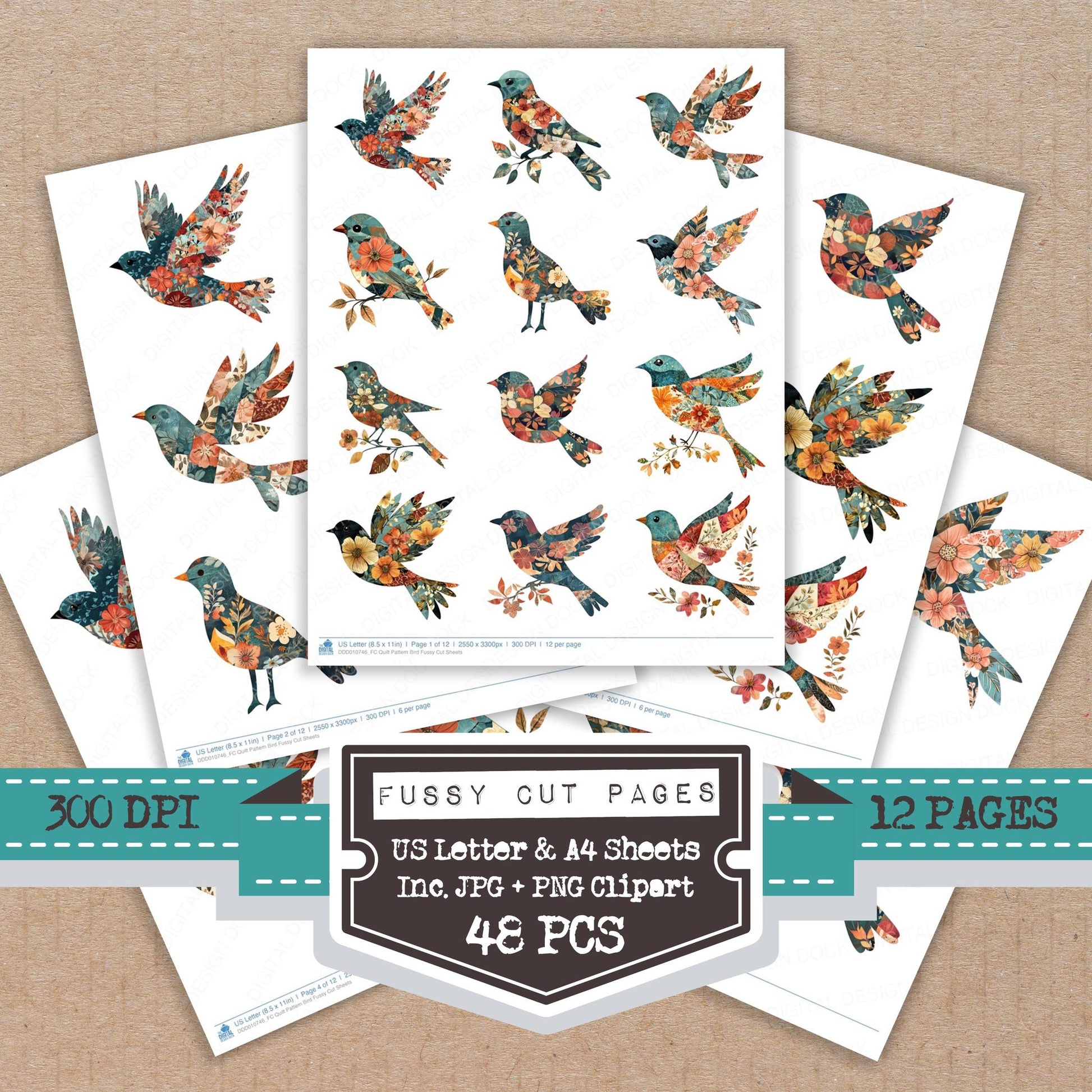 Quilt Pattern Bird fussy cut printable sheets for junk journaling, scrapbooking, and paper craft projects