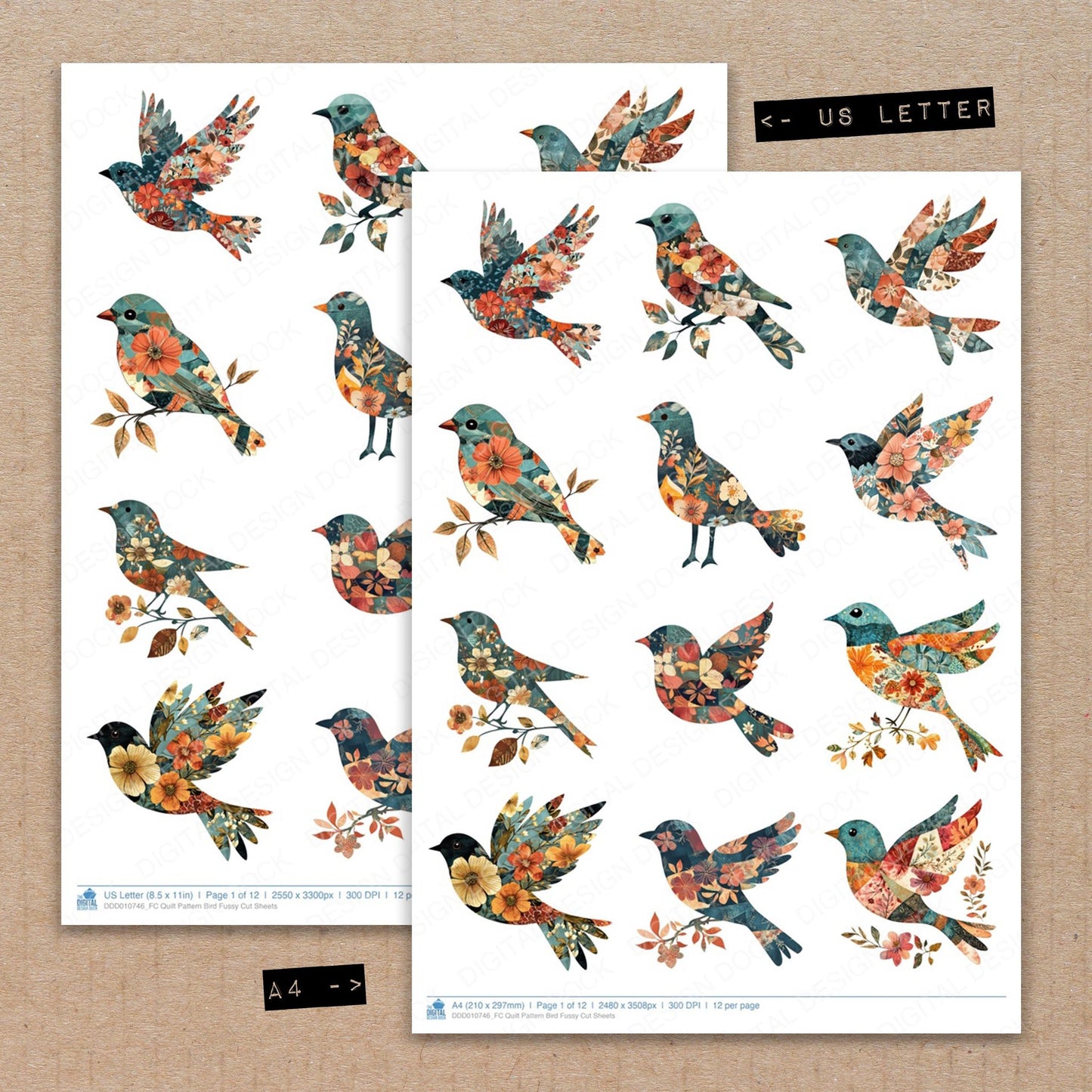 A4 and US Letter format comparison showing Quilt Pattern Bird fussy cut pages for print and cut crafting