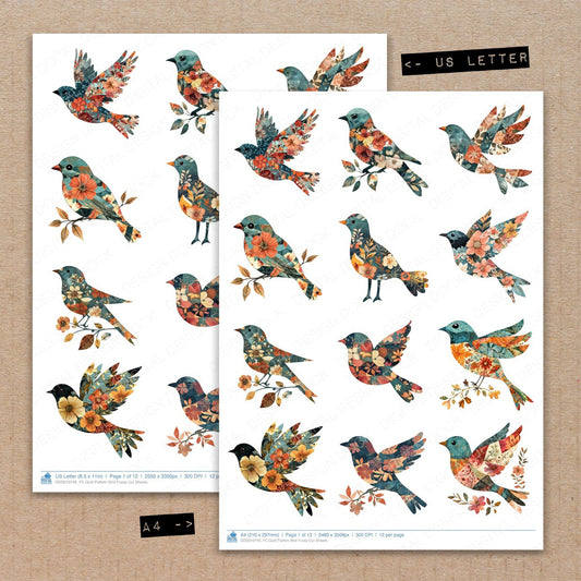 A4 and US Letter format comparison showing Quilt Pattern Bird fussy cut pages for print and cut crafting