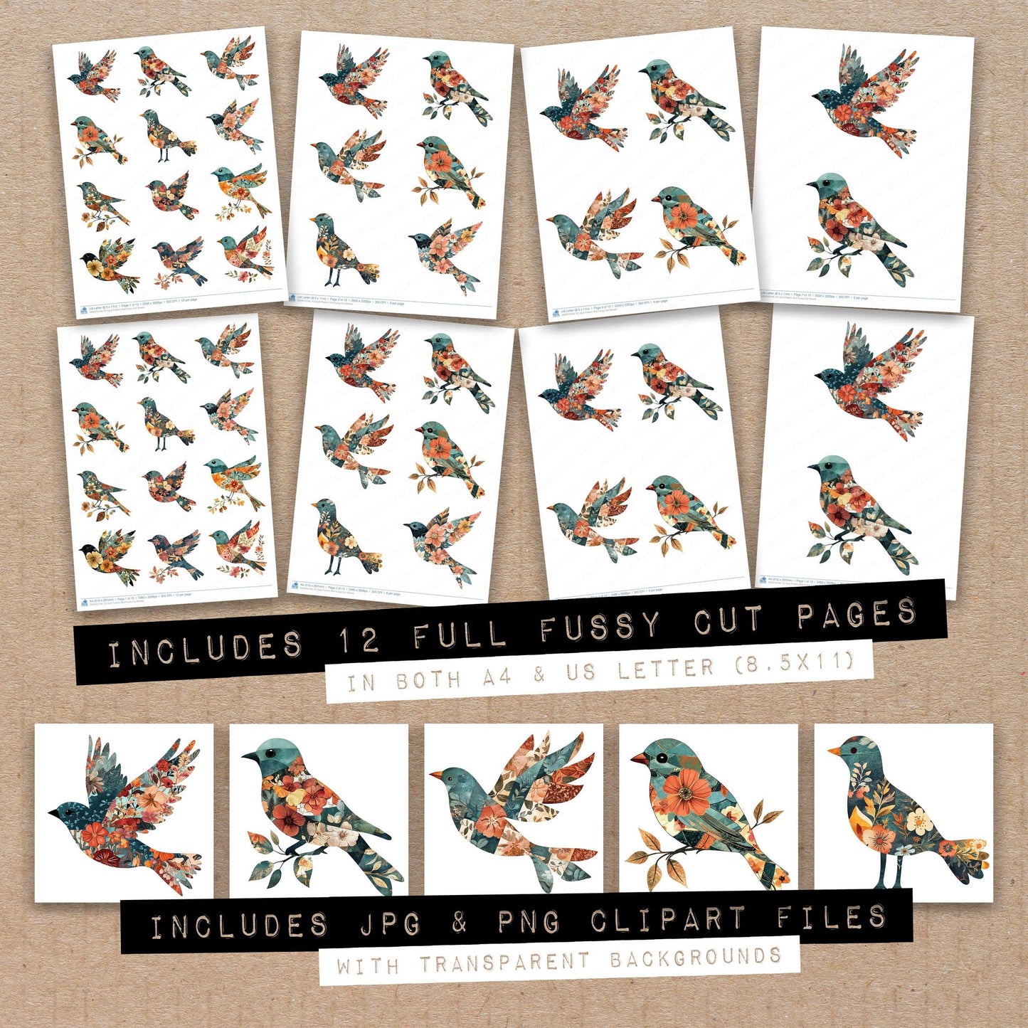 Full collection view of Quilt Pattern Bird fussy cut sheets with bonus clipart JPG and PNG files