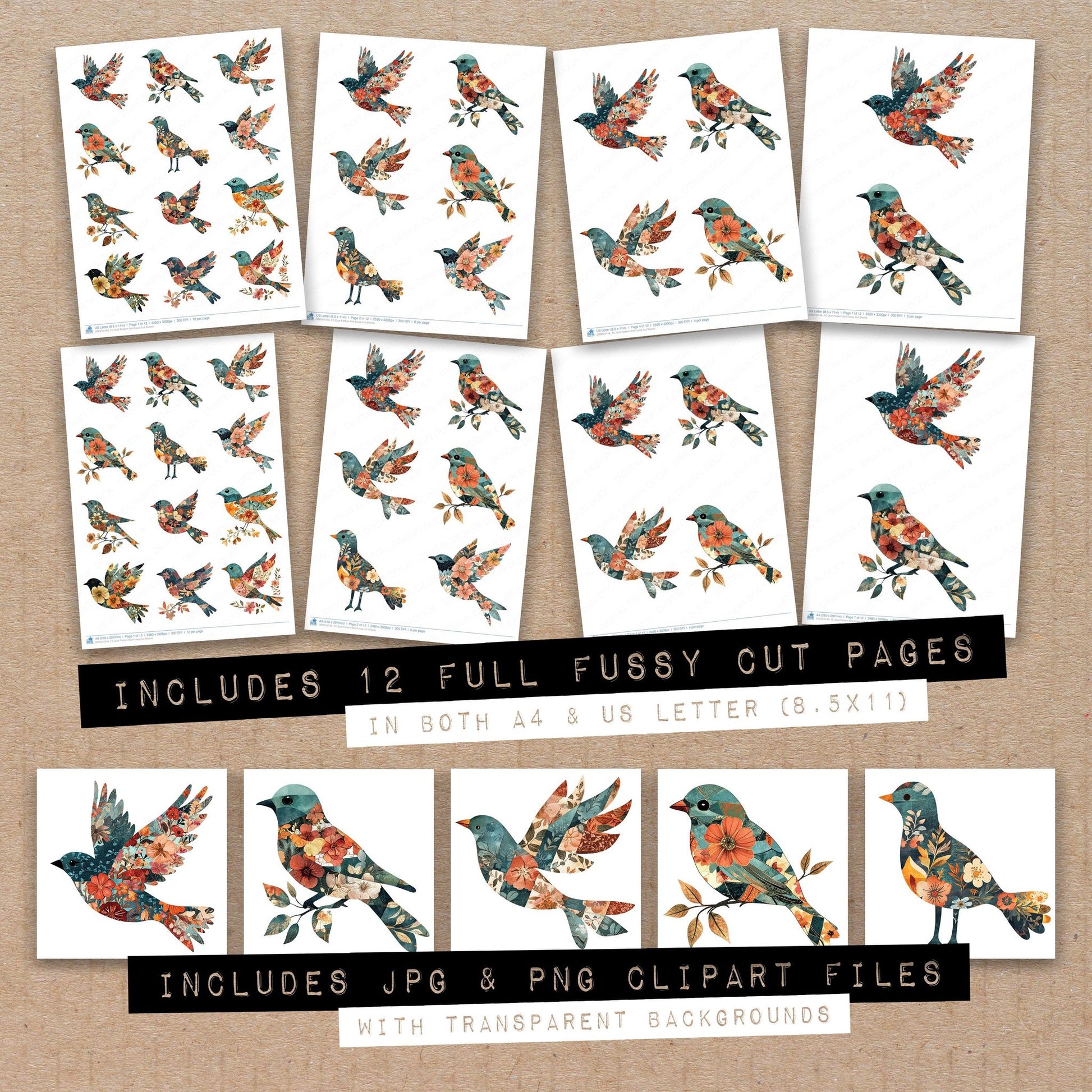 Full collection view of Quilt Pattern Bird fussy cut sheets with bonus clipart JPG and PNG files