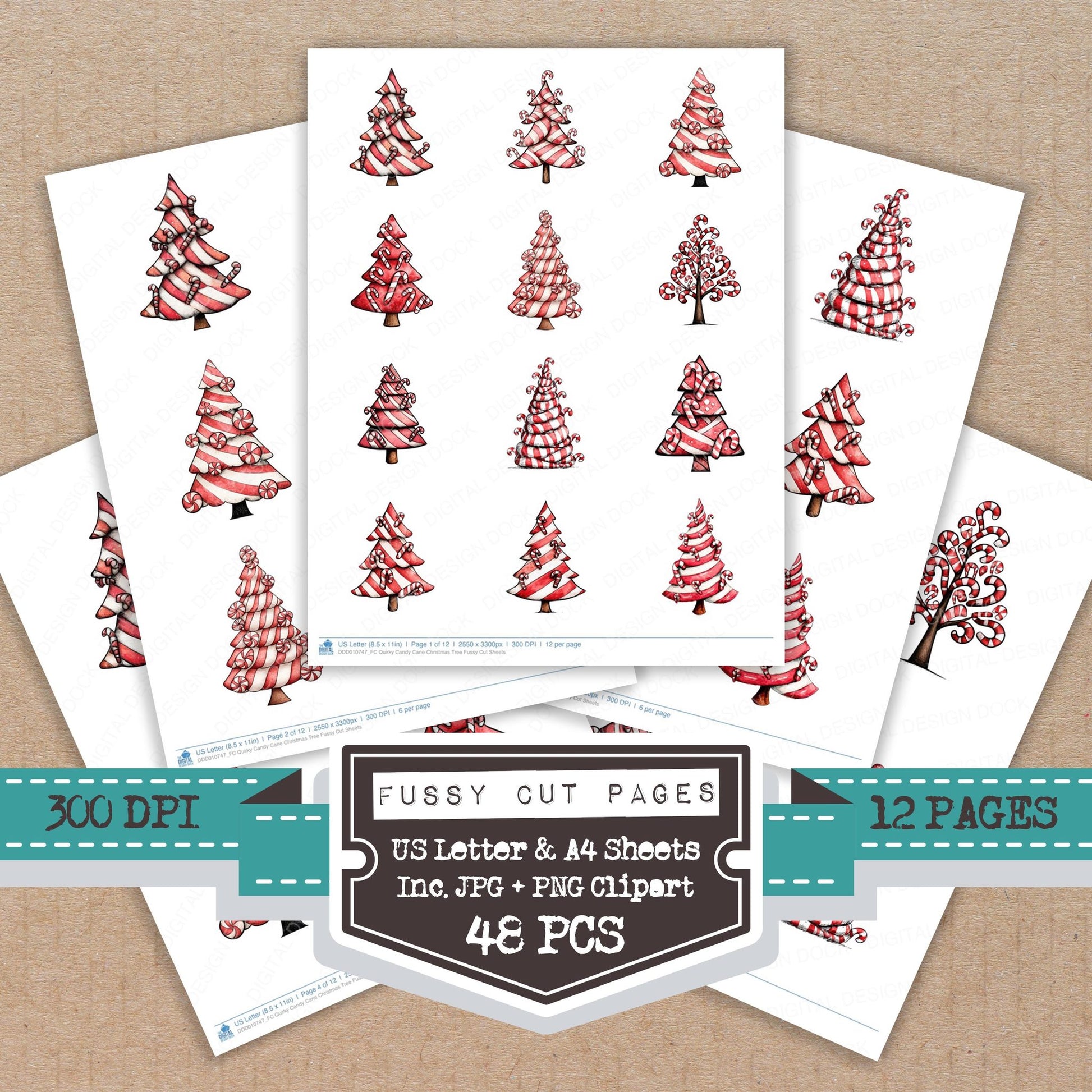 Quirky Candy Cane Christmas Tree fussy cut printable sheets for junk journaling, scrapbooking, and paper craft projects