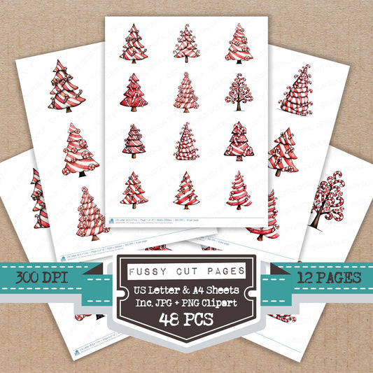 Quirky Candy Cane Christmas Tree fussy cut printable sheets for junk journaling, scrapbooking, and paper craft projects