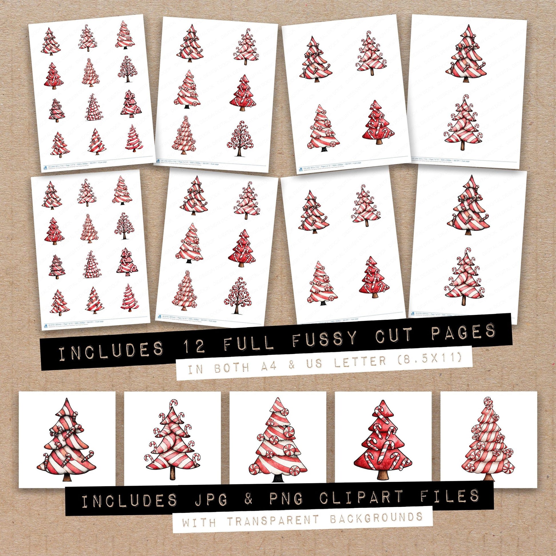 Full collection view of Quirky Candy Cane Christmas Tree fussy cut sheets with bonus clipart JPG and PNG files