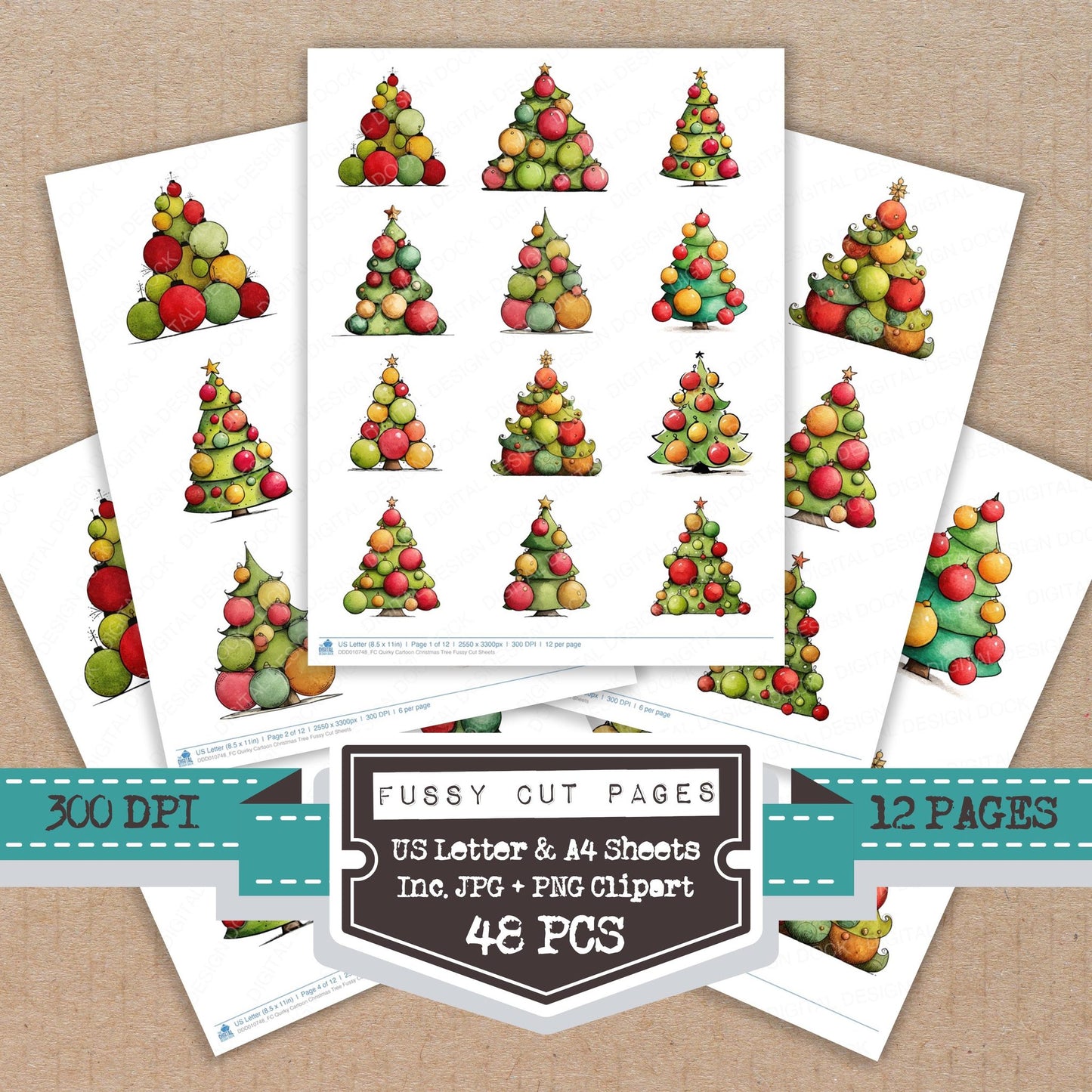 Quirky Cartoon Christmas Tree fussy cut printable sheets for junk journaling, scrapbooking, and paper craft projects