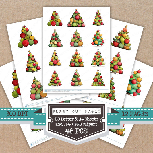 Quirky Cartoon Christmas Tree fussy cut printable sheets for junk journaling, scrapbooking, and paper craft projects
