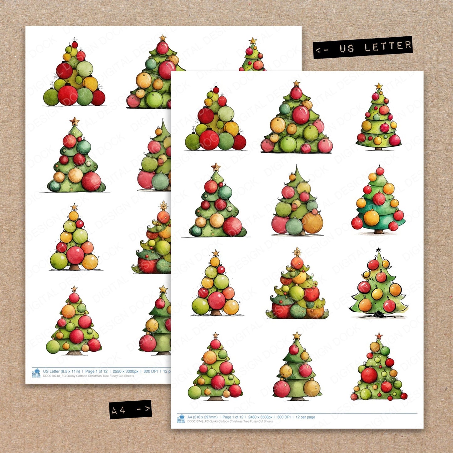A4 and US Letter format comparison showing Quirky Cartoon Christmas Tree fussy cut pages for print and cut crafting