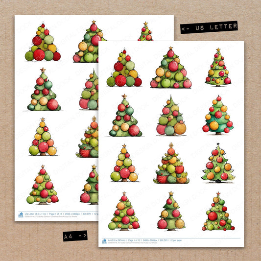 A4 and US Letter format comparison showing Quirky Cartoon Christmas Tree fussy cut pages for print and cut crafting
