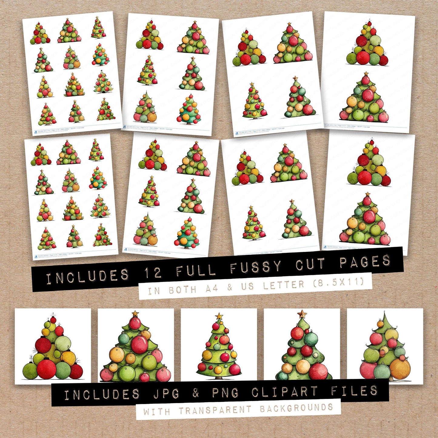Full collection view of Quirky Cartoon Christmas Tree fussy cut sheets with bonus clipart JPG and PNG files