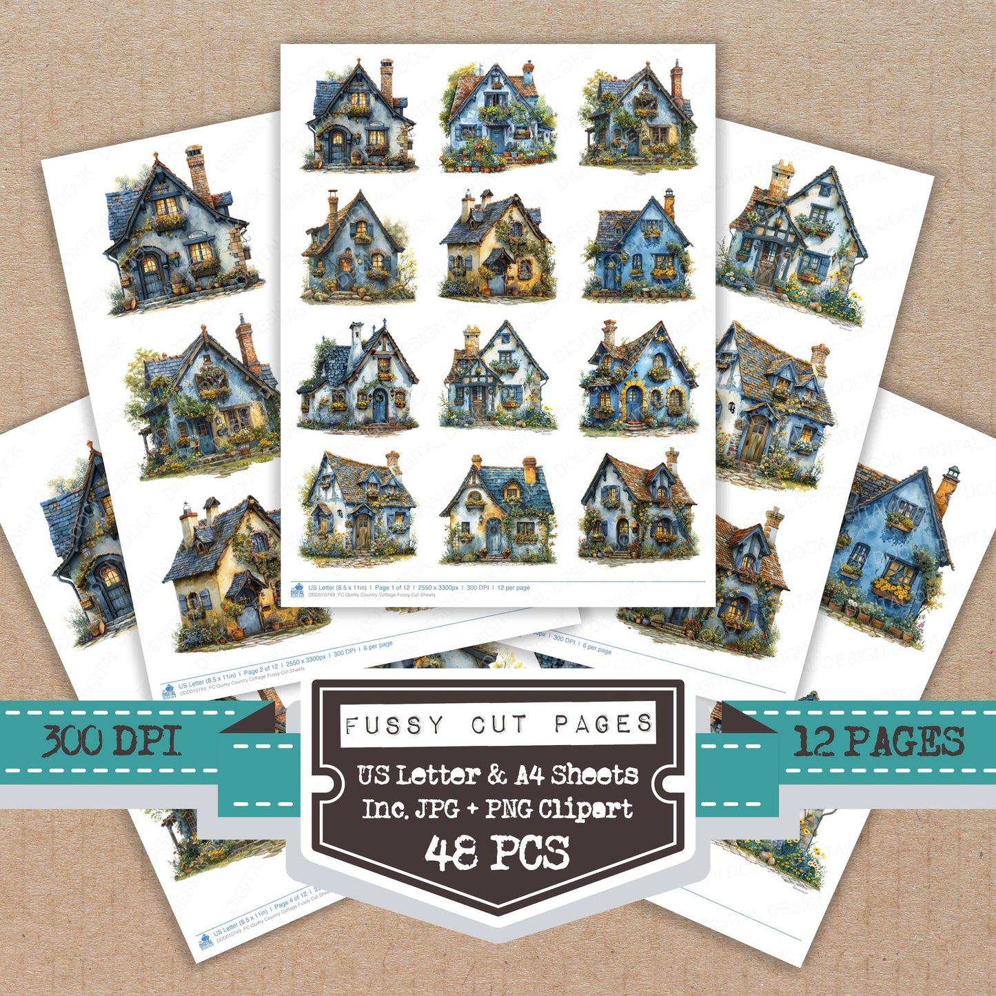 Quirky Country Cottage fussy cut printable sheets for junk journaling, scrapbooking, and paper craft projects