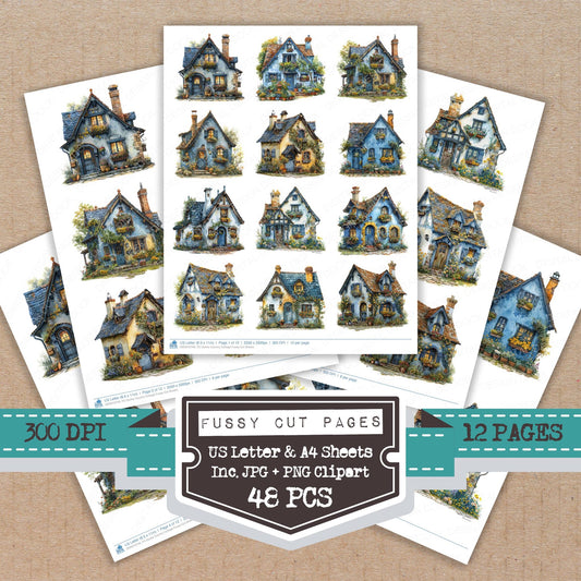 Quirky Country Cottage fussy cut printable sheets for junk journaling, scrapbooking, and paper craft projects