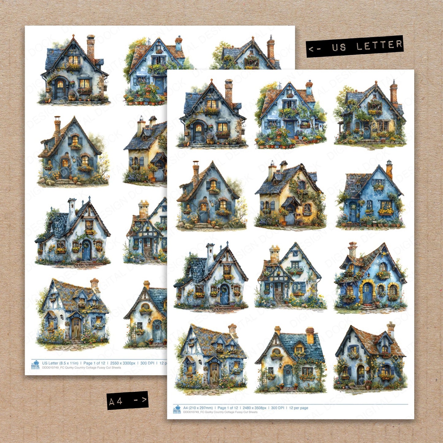 A4 and US Letter format comparison showing Quirky Country Cottage fussy cut pages for print and cut crafting