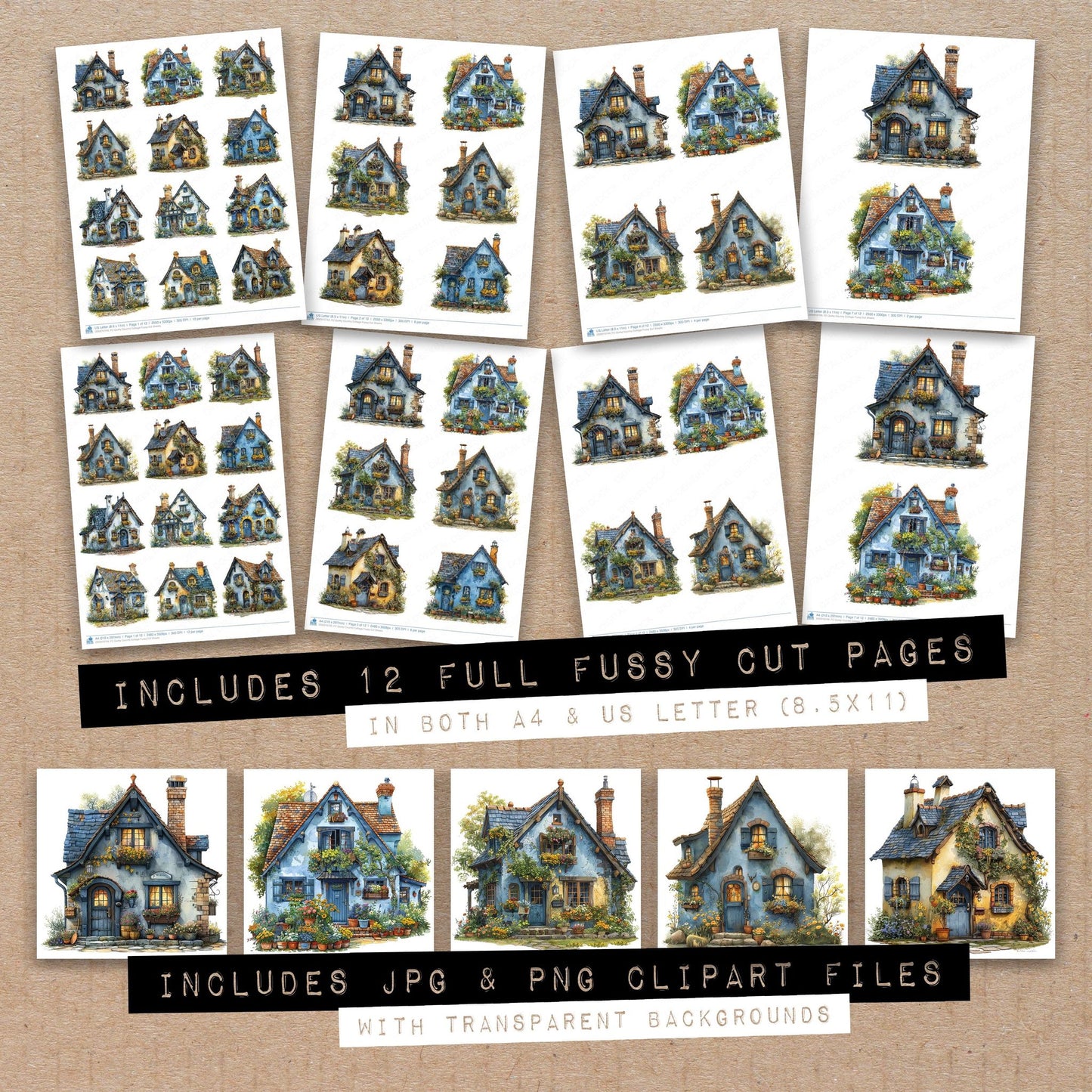 Full collection view of Quirky Country Cottage fussy cut sheets with bonus clipart JPG and PNG files