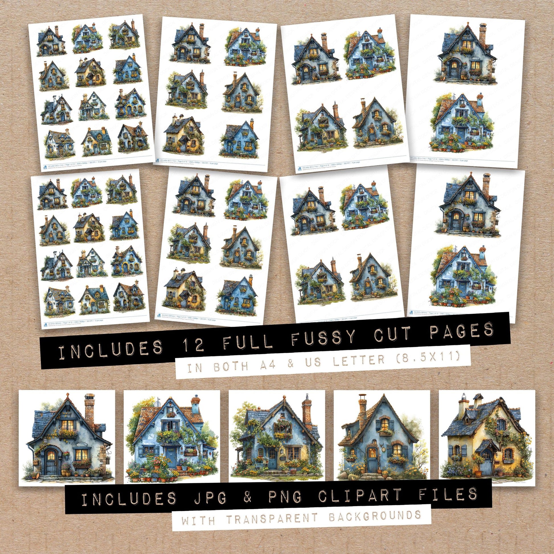 Full collection view of Quirky Country Cottage fussy cut sheets with bonus clipart JPG and PNG files
